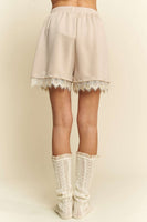 Davi & Dani Pearl Embellished and Lace Trim Shorts in Beige