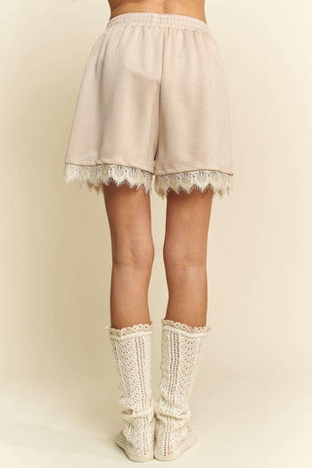 Davi & Dani Pearl Embellished and Lace Trim Shorts in Beige