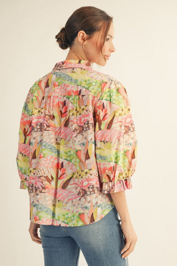 Jodifl Pleated Shoulder Detail Farm Rio Print Top in Pink Mix
