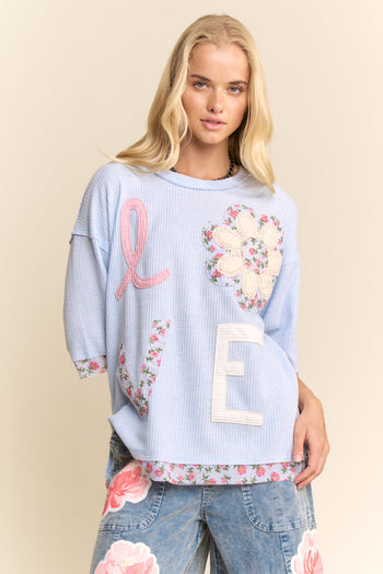 Davi & Dani LOVE Letter Patchwork Top in Light Blue