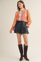 Jodifl Eyelet Ruffled Neckline Baroque Floral Top in Red/Neon Pink
