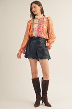 Load image into Gallery viewer, Jodifl Eyelet Ruffled Neckline Baroque Floral Top in Red/Neon Pink
