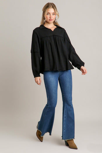 Umgee Cotton Gauze Collared V-Neck Top with Frays in Black