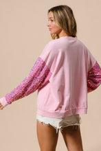 Load image into Gallery viewer, BiBi Large Santa Patched Top with Velvet Sequin Sleeves in Pink
