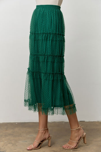 Polagram Polka Dot Tulle Ruffle Midi Skirt in Hunter Green