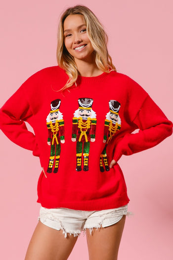 BiBi Solid Color Knit Sweater with Christmas Theme Patches in Red
