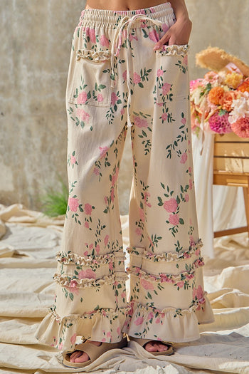 BiBi Flower Printed Twill Ruffled Detail Wide Pants in Cream