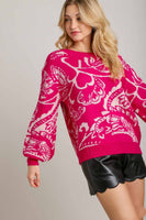 Umgee Floral Knit Sweater in Hot Pink