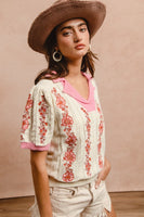 BiBi Lightweight Knit Top with Floral Embroidery in Ivory/Pink