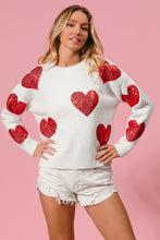 Load image into Gallery viewer, BiBi Valentine Knit Sweater with Sequin Hearts in Ivory/Red
