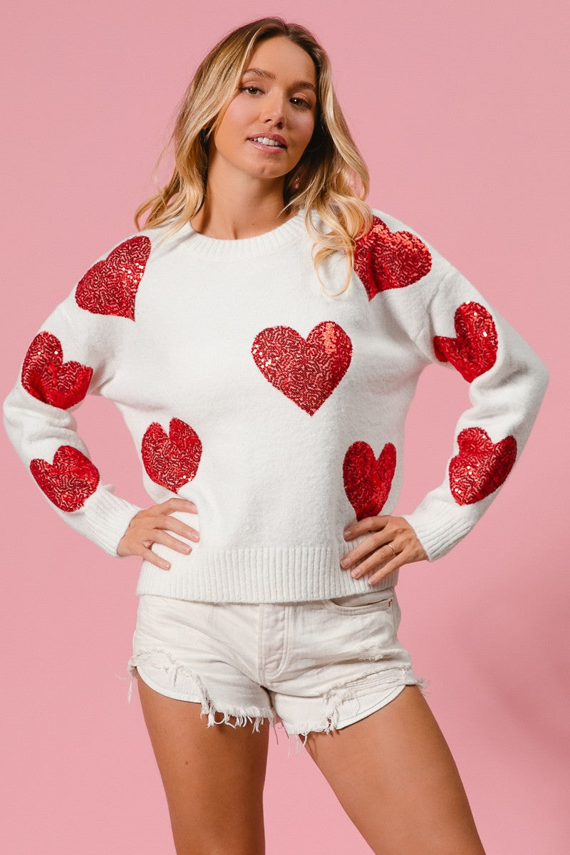 BiBi Valentine Knit Sweater with Sequin Hearts in Ivory/Red