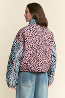 J.nna Multi Color Leopard Print Puffer Jacket in Pink Blue
