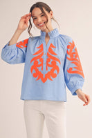 Jodifl Baroque Applique Detail Top in Azure/Orange