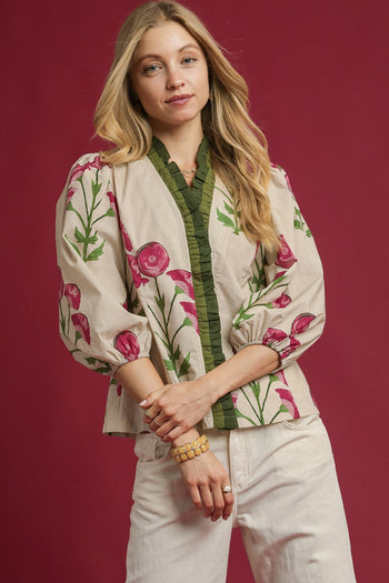Umgee Floral Print Ruffle Top in Stone Mix