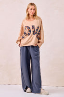 BiBi OVERSIZED French Terry Top with Floral "LOVE" Letter Patches in Oatmeal/Denim