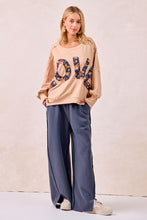 Load image into Gallery viewer, BiBi OVERSIZED French Terry Top with Floral "LOVE" Letter Patches in Oatmeal/Denim
