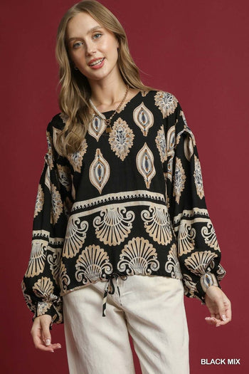 Umgee Mix Boho Print Balloon Sleeve Blouse in Black Mix