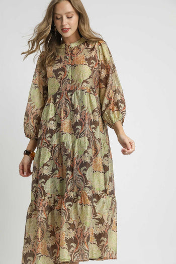 Umgee Lightweight Floral Print Midi Dress in Brown Mix