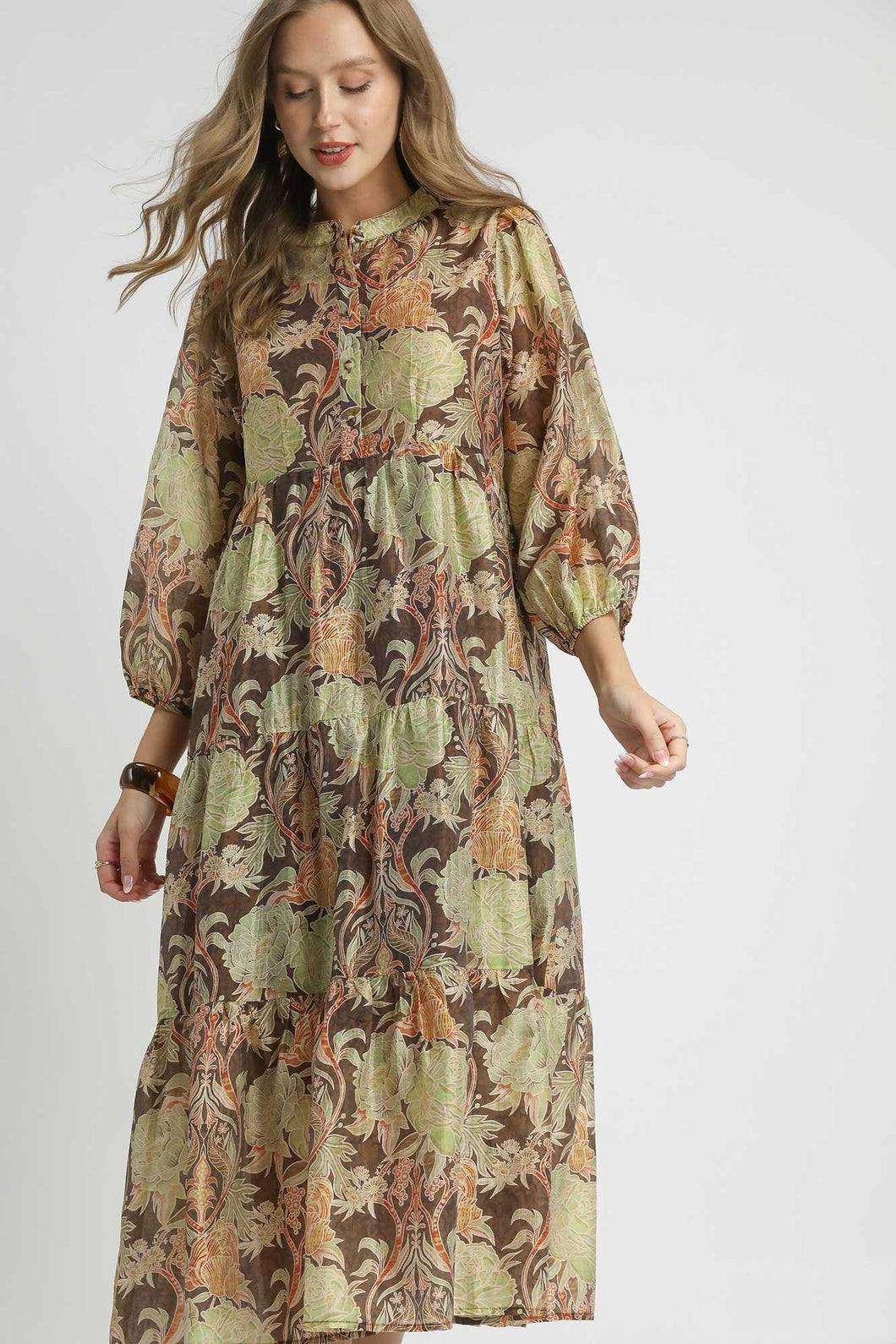Umgee Lightweight Floral Print Midi Dress in Brown Mix