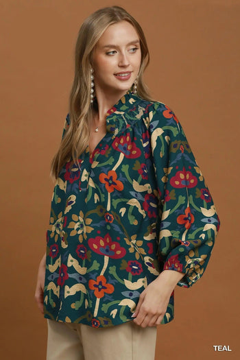 Umgee Floral Print Split Neck Blouse in Teal