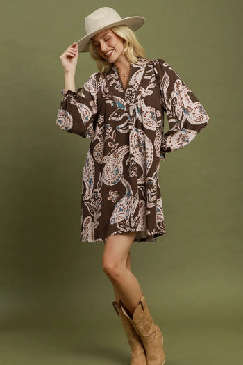 Umgee Paisley Floral V-Neck Babydoll Dress in Chocolate