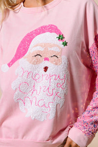 BiBi Large Santa Patched Top with Velvet Sequin Sleeves in Pink