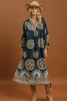 Umgee Abstract Print Belted Midi Dress in Midnight