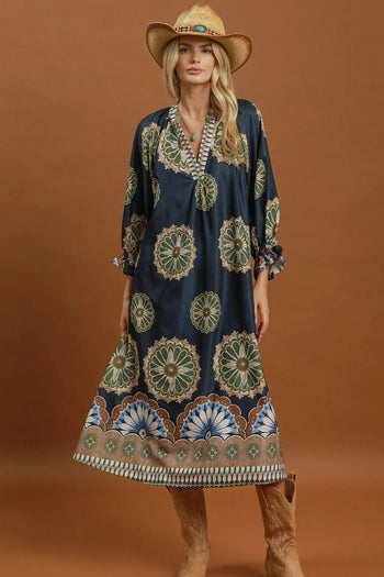 Umgee Abstract Print Belted Midi Dress in Midnight