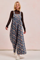 BiBi Floral Print Denim Wide Leg Jumpsuit in Denim