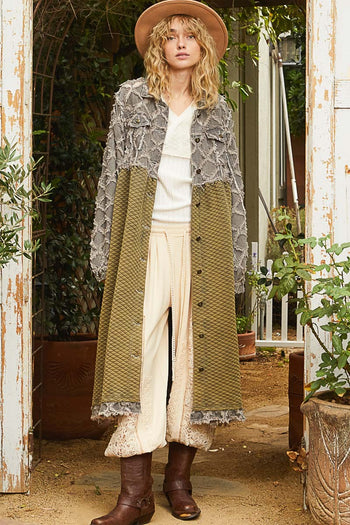 POL Color Contrasting and Textured Contrasting Fabric Long Jacket in Black Multi