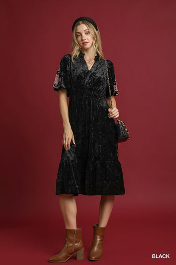 Umgee Velvet Smocked Midi Dress in Black