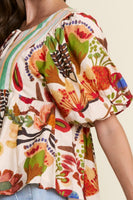 J.nna Mixed Floral and Striped Babydoll Top in Rust Multi