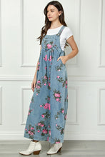 Load image into Gallery viewer, Veveret Painted Floral Print Denim Jumpsuit in Medium Wash
