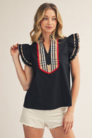 Jodifl Solid Color Woven Top with Plaid Accents in Black