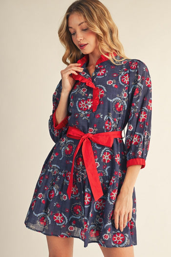 Jodifl Ruffle Detail Boho Floral Dress in Navy/Red