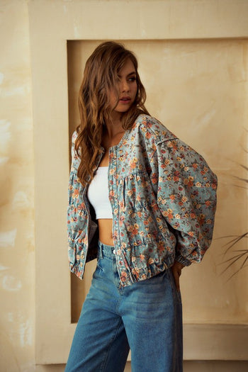 LovLov Washed Denim Floral Print Tiered Jacket in Floral Denim Mix ON ORDER