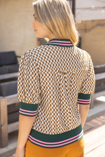 VOY Quarter Button Stripe Band Checker Print Knit Top in Brown