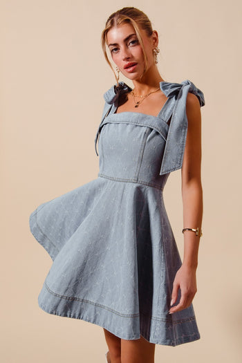 bow shoulder denim mini dress Bow Shoulder Denim Mini Dress for Women WestCloset Light Blue / XL