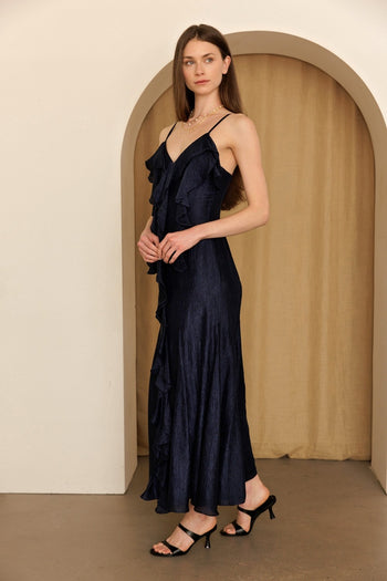Storia Cascade Ruffle Maxi Dress in Navy
