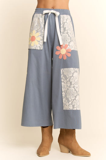 Davi & Dani Knit and Lace Pants with Flower Patches in Blue Multi