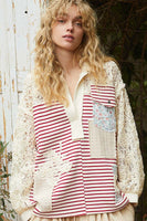 POL Striped Top with Crochet Sleeves and Patches in Cream/Ruby