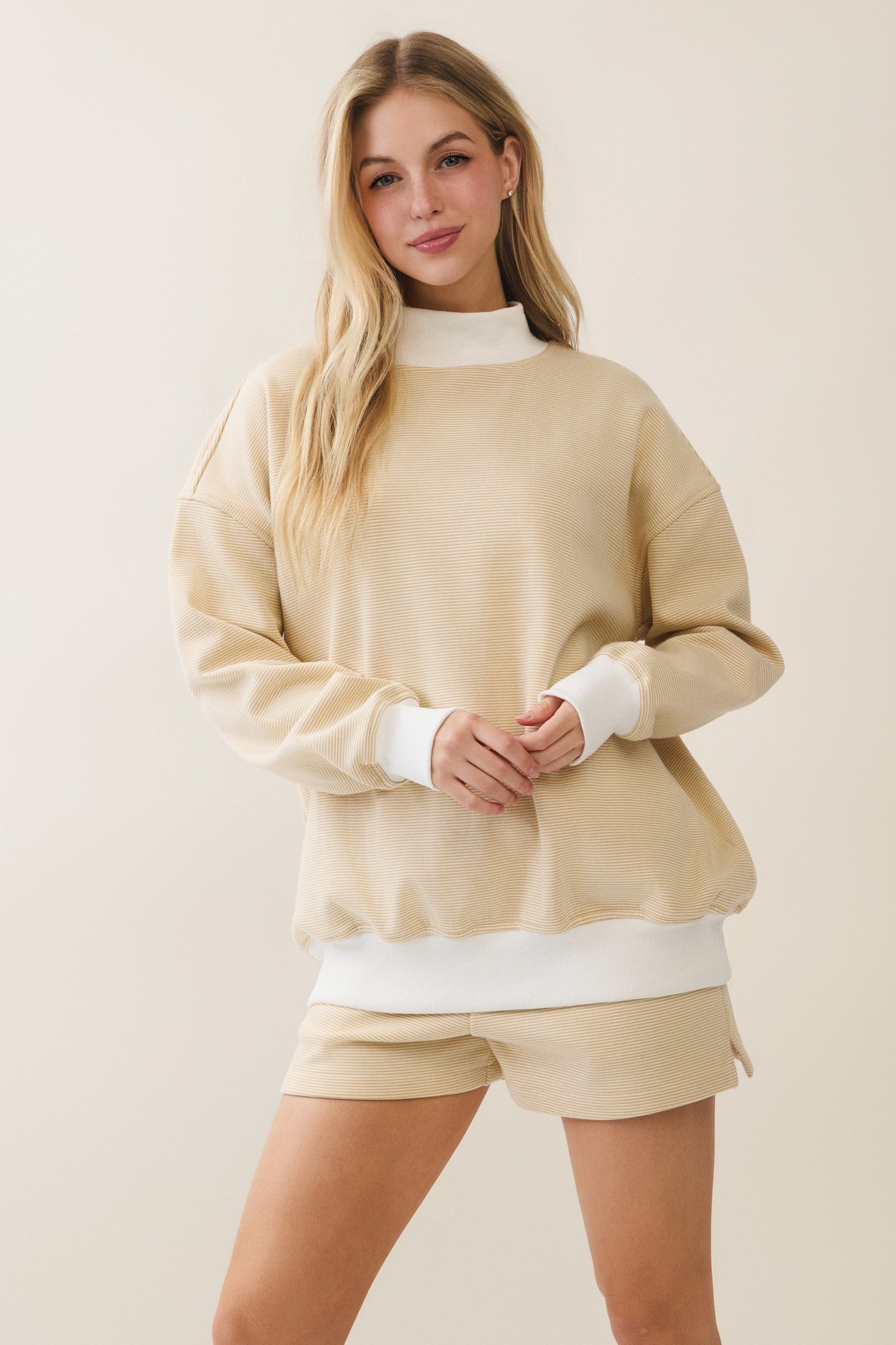 Veveret Mock Neck Striped Sweatshirt in Light Mustard – June Adel