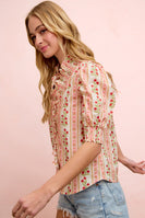 BiBi Floral Printed Ruffled Puff Sleeve Top in Red