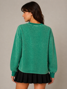 AnnieWear Mineral Washed Christmas Plaid Bow Embroidered Sweatshirt in Green