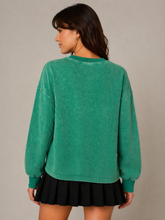 Load image into Gallery viewer, AnnieWear Mineral Washed Christmas Plaid Bow Embroidered Sweatshirt in Green
