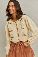 So Me Ribbon and Rose Applique Cardigan in Cream/Camel