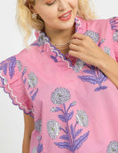 Umgee Floral Print Top with Scallop Trim in Pink Mix
