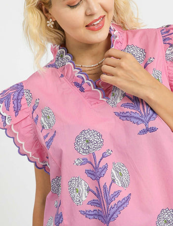Umgee Floral Print Top with Scallop Trim in Pink Mix