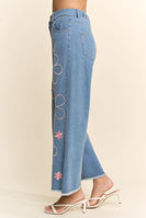 Davi & Dani Denim Cropped Pants with Flower Embroidery in Denim Blue