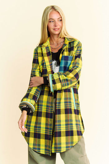 Davi & Dani Mixed Stripe and Plaid Button Down Tunic Top in Jade Multi